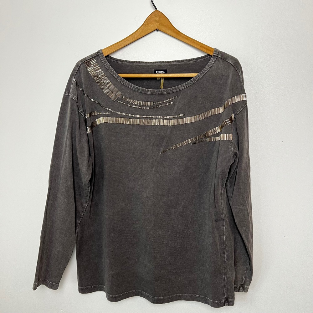Tribal DeNIME Womens Gray Acid Wash Beaded Long‎ Sleeve Top Medium Bugle Beads